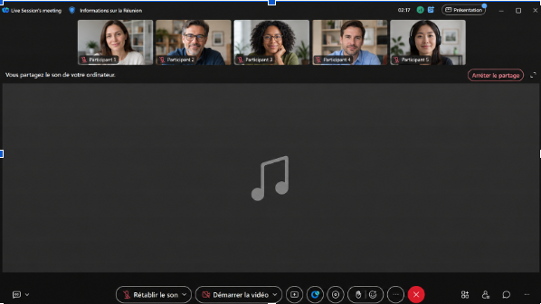 Options avancées du partage Webex permettant de diffuser uniquement l’audio de l’ordinateur. Adapter les libellés à la langue de l’application.