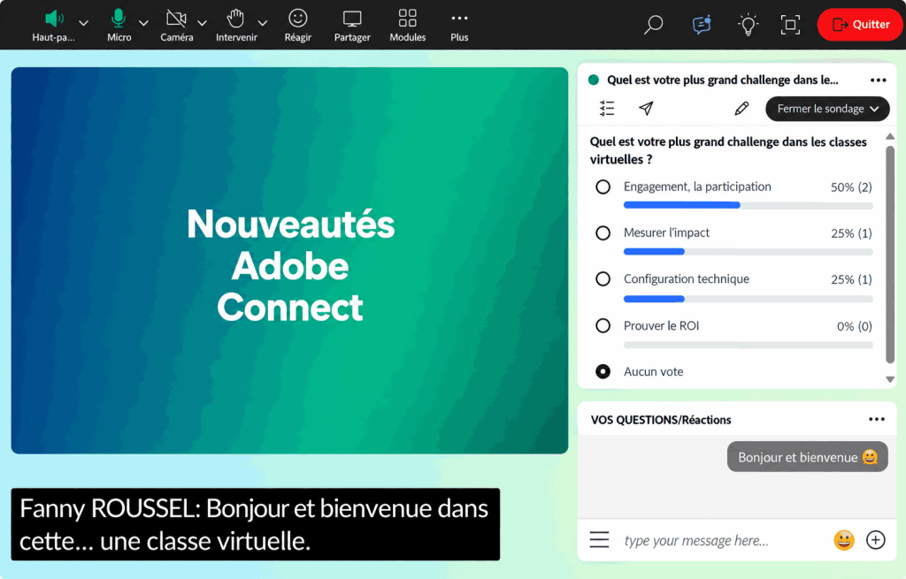 Salle Adobe Connect présentant un support de formation et les sous-titres en français.