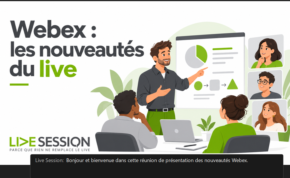 Fenêtre Webex affichant un support partagé et une zone de sous-titres fixée en bas.